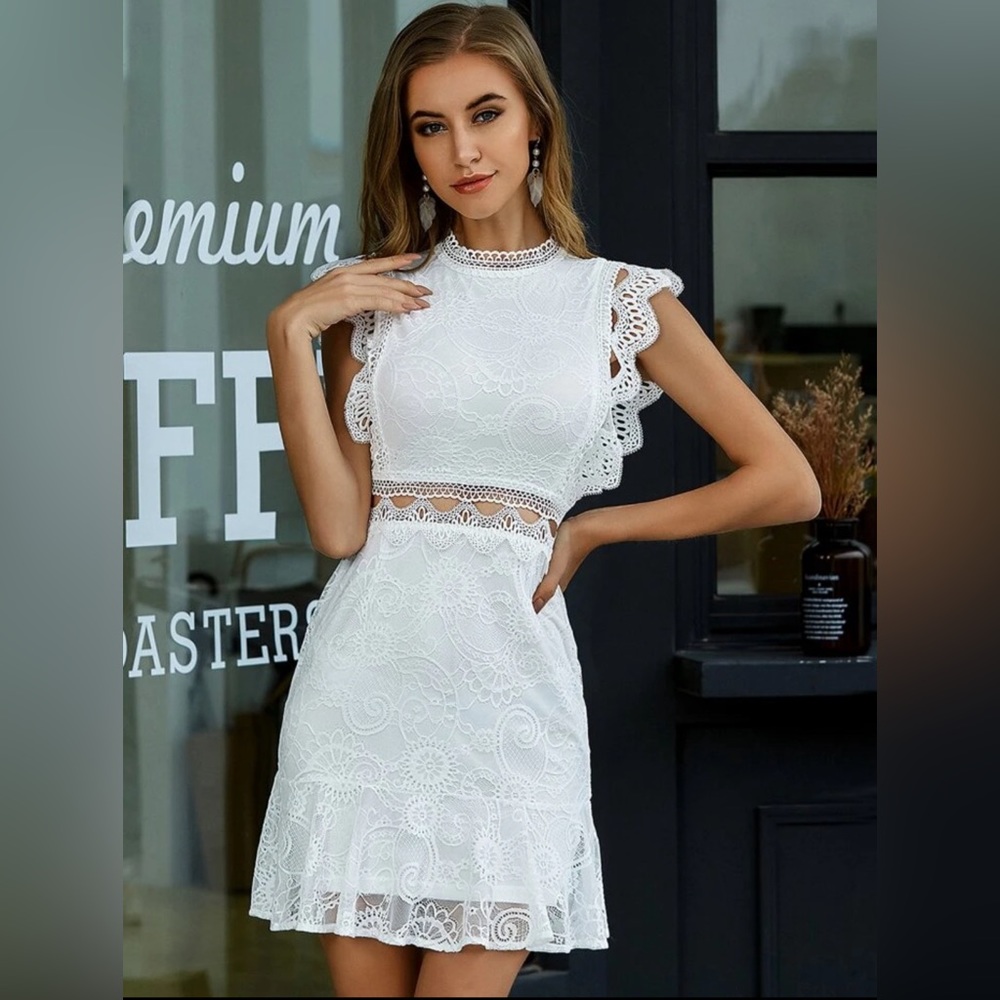 White Lace Ruffle Mini Dress - size medium